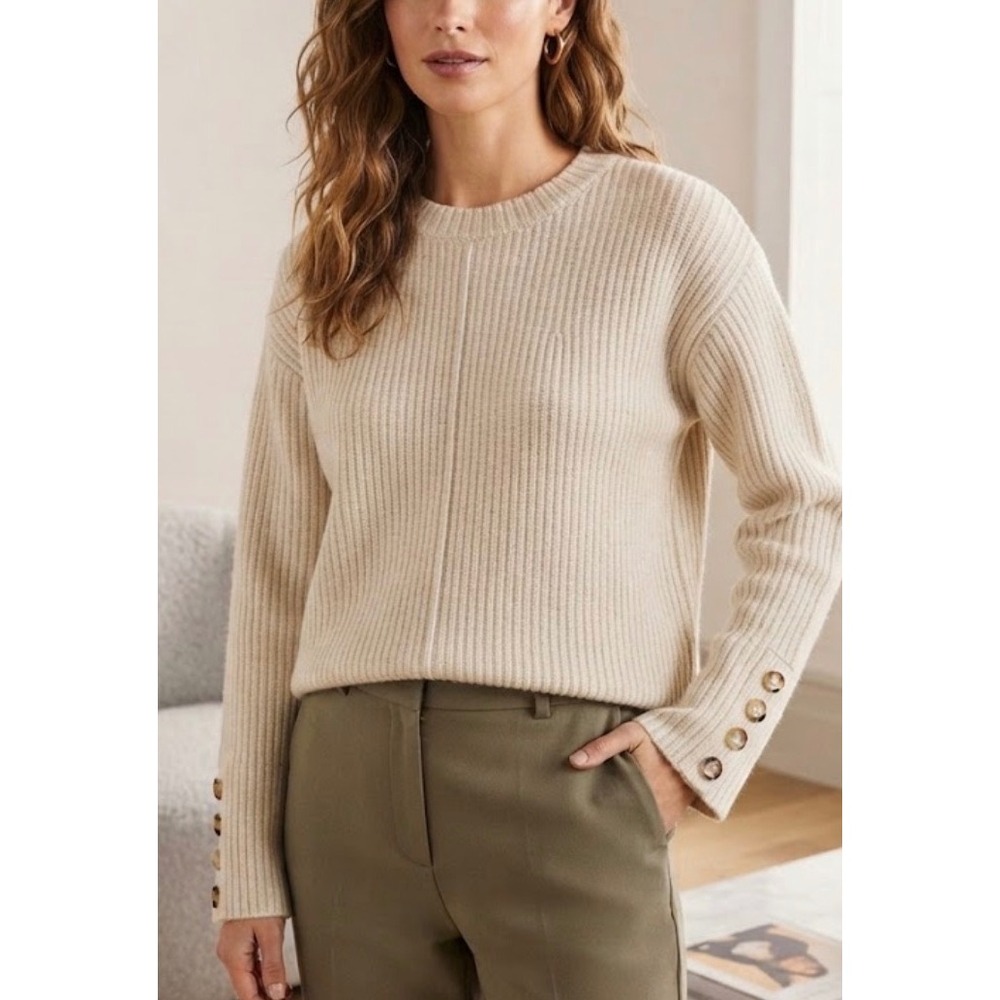 Rachel Zoe Womens Ribbed Knit Button Cuff Sweater Cream Beige Large